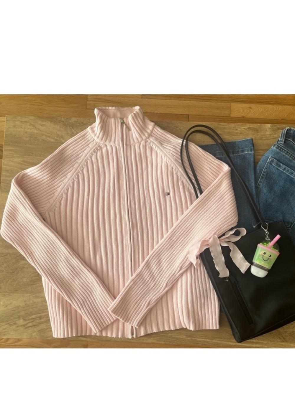 Tommy Hilfiger 100% Cotton Light Pink Ribbed Zip Mock Neck Sweater